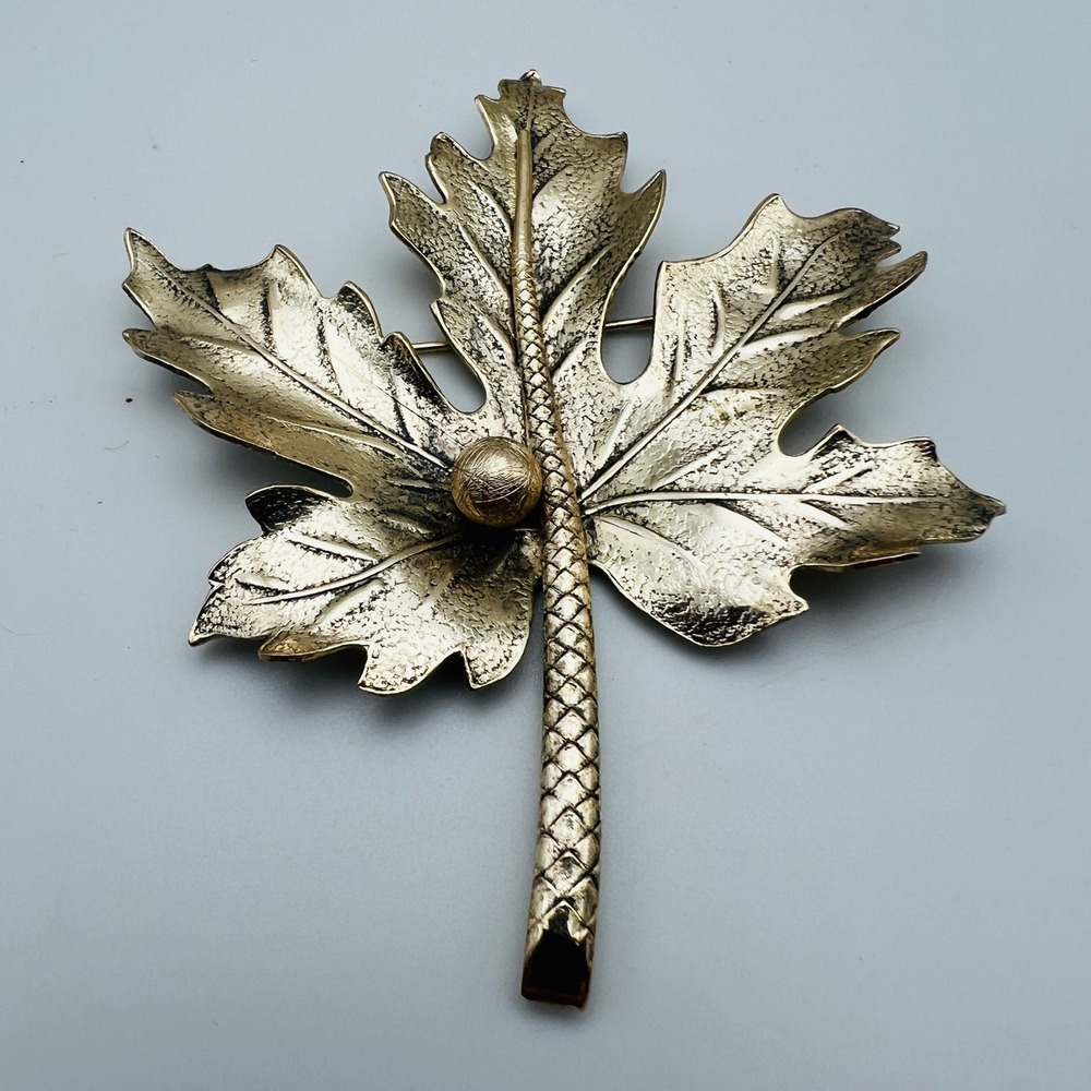 Gold Tone Leaf Brooch Textured Maple Leaf Statement Pin